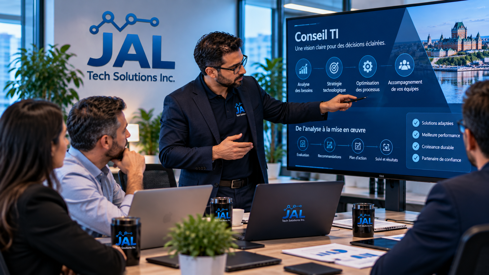 Architecte JAL Tech Solutions animent une réunion de conseil TI